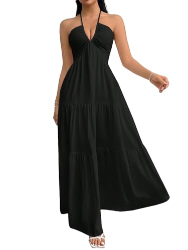 Image of Narecte Women's Maxi Summer Dresses Halter V Neck Beach Dresses for Women A-Line Casual Dress for Vacation