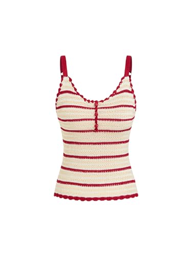 CIDER Cute Summer Tops for Women Going Out Cute Y2K Striped Sleeveless Crochet Knitted Scoop Neck Crop Tank Tops Red, M