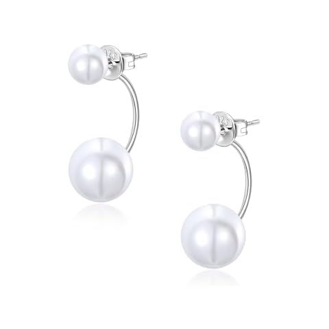 SILBERTALE 925 Sterling Silver Jacket Earrings Pearl Double Ball Front Back 2 in 1 Studs for Women Cover