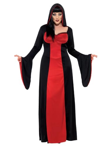 Smiffys Fantasia de vampira sinistra, vermelho e preto, com vestido comprido com capuz Halloween
