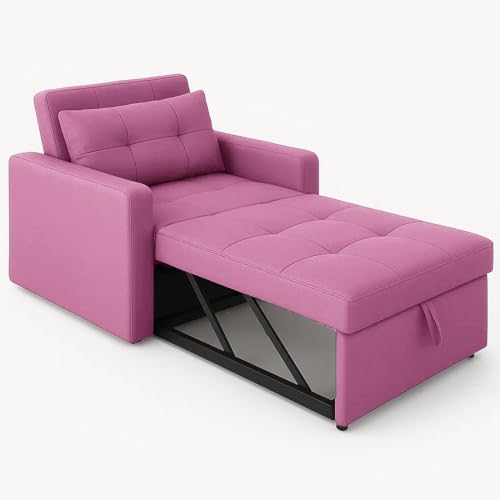 Image of CASASTYLE Trissa 1 Seater Pull-Out Premium Fabric Sofa Cum Bed Sofa Set for Living Room (Pink Fabric)