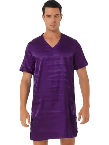 Linjinx Men's V Neck Silk Satin Nightshirt Loose Short Sleeve Soft Pull-Over Nightgown Night Shirts