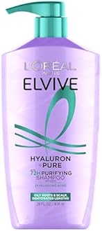 L'Oreal Paris Elvive Hyaluron + Pure 72H Purifying Shampoo for Oily Hair, Clarifying Shampoo with Salicylic Acid and Hyaluronic Acid, 28 Fl Oz