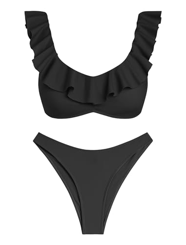 ZAFUL Ruffle Bikinis for Women Scoop Neck Swimsuits Lace Up Bikini Sets Padded Swimwear High Cut 2 Piece Bathing Suits2