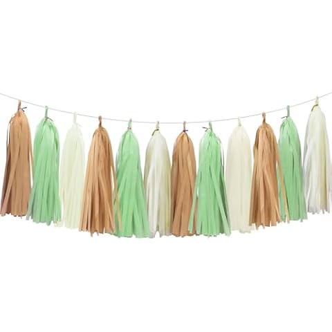 Aonor Gold Ivory Pale Green Tassel Garland for Baby Shower Decorations Light Green Bachelorette Forest Themed Birthday Party Decorations 15PCS Cover