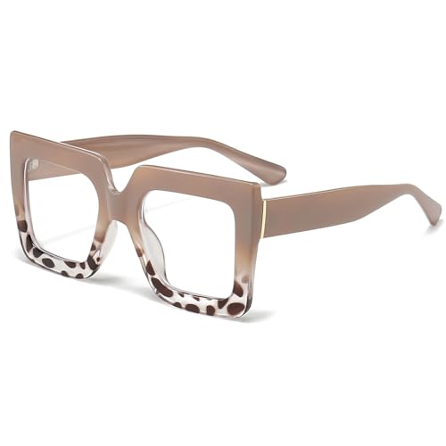 LJCZKA Oversized Square Blue Light Glasses for Women Big Thick Frame Eyeglasses Stylish Chunky Computer Anti Glare Glasses (Brown Leopard)