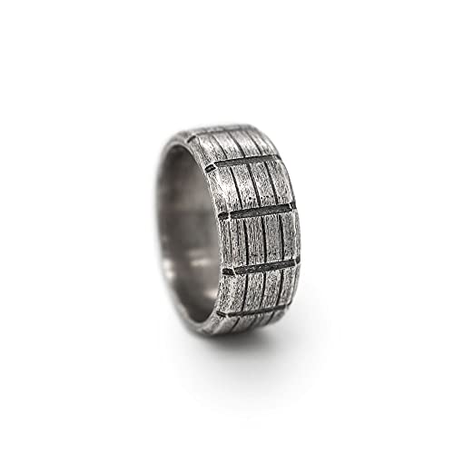 Geometric Patterned Ring, Oxidized Thick Band, 925 Sterling Silver, Engraved