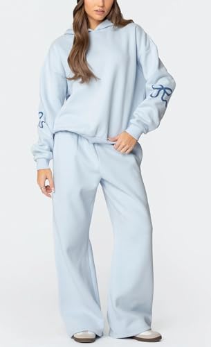 Bow Print Sweat Set for Women Two Piece Tracksuit Long Sleeve Oversized Hoodie Wide Leg Sweatpants 2 Piece Outfits3