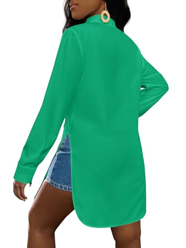 Image of LYANER Women's Collar Neck Long Sleeve Button Down Shirts Sexy Split Hem Tops Long Blouse Shirt Dress
