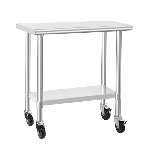 Image of HARDURA Stainless Steel Commercial Table Prep & Work Table with Casters Heavy Duty Metal Table with Wheels NSF 430 18x36 Inches