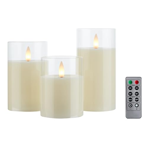 Image of Glass Flameless Pillar Candles Flickering with Remote Timer, Battery Operated LED 3D Moving Flame Real Wax Candles,Remote Included (Ivorywhite)