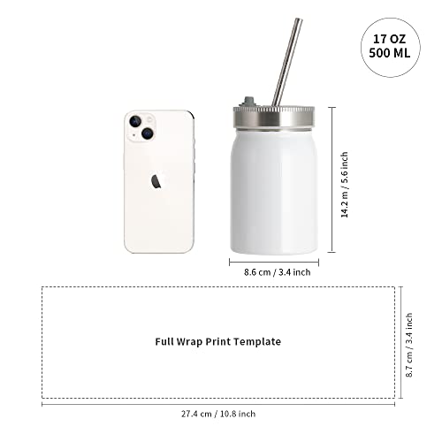 PYD Life Blanks Mason Jar 17 OZ Wide Mouth White Stainless Steel Tumbler with Lid and Metal Straw for Cricut Mug Press Machine Sublimation Print 4 Pack