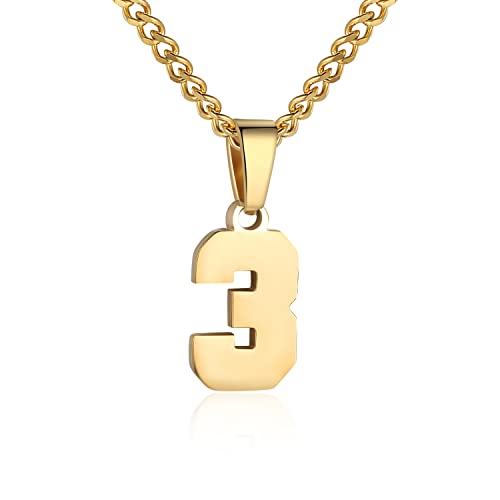 Number Necklace for Men Athletes Gold Plated Number Chain Stainless Steel Charm Pendant Personalized Sports Jewelry for Men Basketball Baseball Football(3)