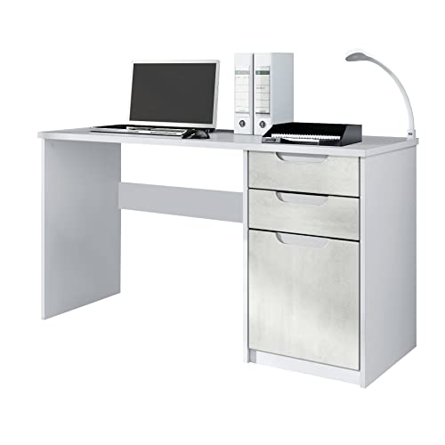 Vladon Escritorio Logan, Mesa Oficina con 2 Cajones y 1 Puerta, Blanco Mate/Hormigón Oxidado (129 x 76 x 60 cm)