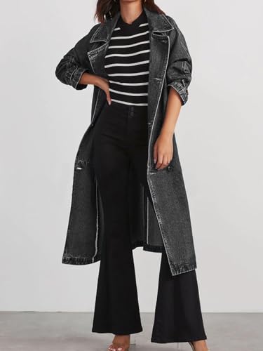 Women's Double Breasted Denim Trench Coat Classic Lapel Long Jean Jacket With Belt2