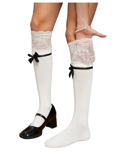 Image of COZYEASE Women's 1 Pair Lace Patchwork Knee High Socks Cute Y2k Stockings | Boots Socks, Knee High Socks, Long Socks for Boots, Lace Socks, Y2k, Trendy