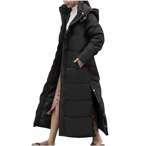Maxi-Pufferjacke for Damen, langer gepolsterter Mantel, langer Kapuzenpullover, warme Steppjacke for den Winter, lange Parka-Mäntel, Daunenmantel mit abnehmbarer Kapuze for Damen, Ausverkauf(Black,M)