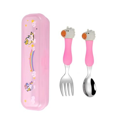 Image of Hian 304 Stainless Steel Kids Spoon & Fork Set - Safe Rounded Edges, Cute Design Easy-Grip Handles, Durable Children's Cutlery with Carry Case, Pack of 2 (Pink)