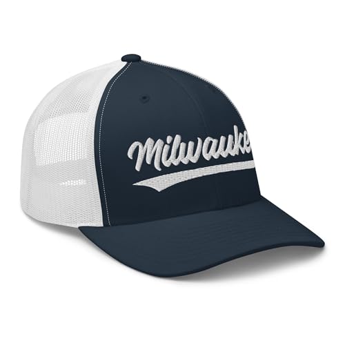 Vintage Milwaukee Baseball Script Mesh Retro Milwaukee Trucker Hat Cap Navy/White