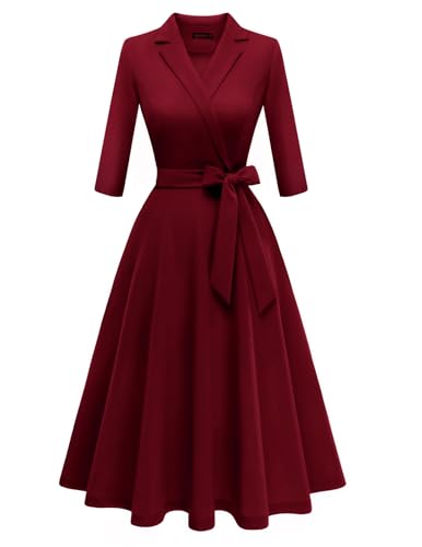Meetjen Formal Wedding Guest Dress Modest Mother of The Bride 2025 A-Line Midi Fall Cocktail Party Dresses,Burgundy,M