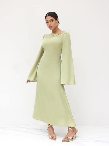 CIDER Formal Asymmetrical Neck Long Sleeve Maxi Dress Knot Satin Middle Waist Party Elegant Dress2