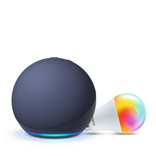 Amazon Echo Dot (5th Gen, Blue) Smart Home Speaker Combo with Wipro Simple Setup 9W LED Smart Bulb | with Bluetooth and Alexa
