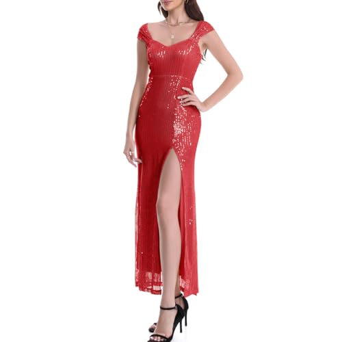 Timathous Women's Bodycon Spaghetti Straps Sequin Slit Maxi Dress Sparkly Glitter Club Party Dresses (202-Red -M)