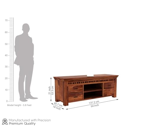 Image of Solid Sheesham Wood TV Unit for Living Room: 2 Drawers, 2 Shelves, and 1-Door Storage | TV Stand | TV Cabinet with Open & Close Storage for Living Room and Hotel Furniture | (Honey Finish)