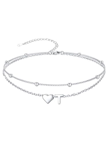 Image of SILVERCUTE Silver Anklets for Women, Waterproof Initial Heart Ankle Bracelets Sterling Silver, Adjustable Layered Foot Jewelry Summer Beach Fashion with Personalized Name Design, Gift Package