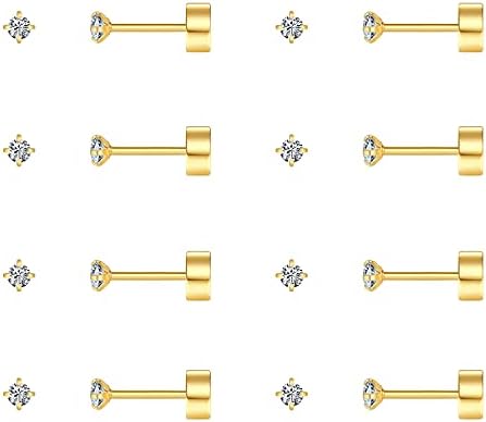 FOSIR 8 Pairs Tiny Cartilage Stud Earrings for Women Men Flatback Earrings Stainless Steel Cubic Zirconia Earrings Set, 20G, Gold Silver Black Rose Gold