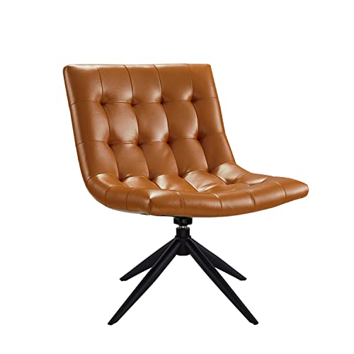 Art Leon Desk Chair No Wheels, Modern Faux Leather Armless Task Chair Mid Back Ergonomic Chair, Swivel Vanity Chair, Home Office Desk Chair For Small Space, Brown #TOP16