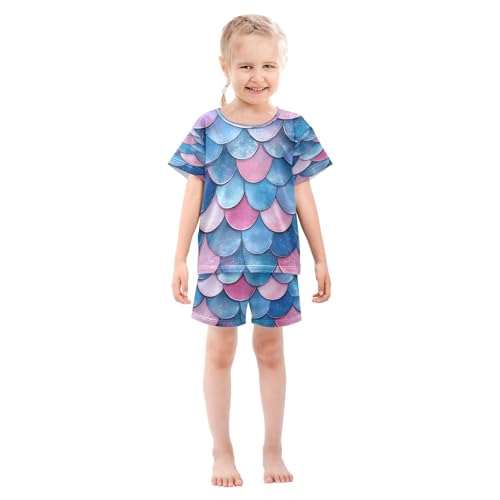ALAZA Fish Scale Mermaid Blue Pajamas Set Short Sleeve Cotton Sleepwear Summer Pjs 2 Piece 5-14Y3