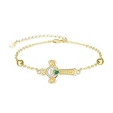 TANGPOET Claddagh Cross Bracelet for Women 925 Sterling Silver Gold Plated Emerald Green Heart Stone Irish Celtic Jewellery Gifts for Birthday St Patricks Day Christmas Wife Girlfriend