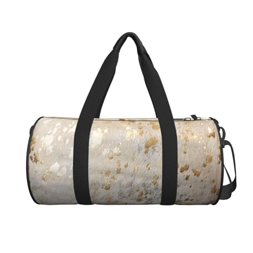 Gold Cowhide Print Metallic Duffle Bag, High Capacity Round Sports Luggage Bag With Interior Organizer & Side Storage Pockets2