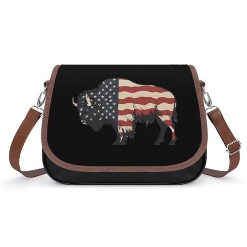 Bison U.S Flag Buffalo Women's Crossbody Bags Leather Messenger Handbag Small Shoulder Bag Purse