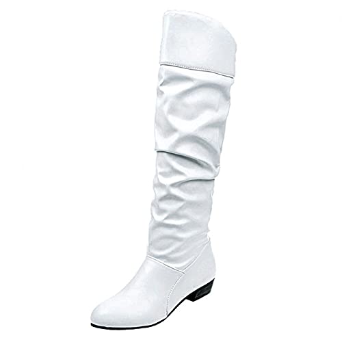 Gyouanime Knee high Boots for Womens Winter Boots Casual Low Heeled Riding Boots for Girls Dress Shoes pu Leather Waterproof Boots Long White