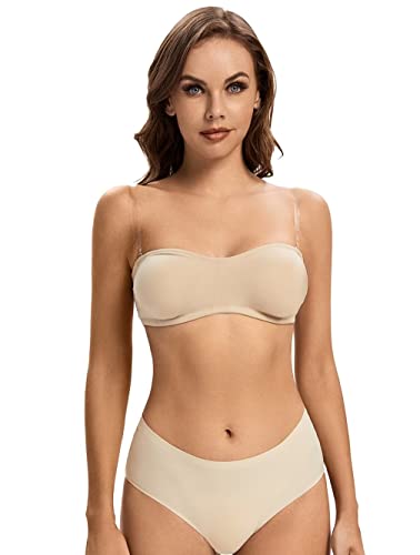 Angool Strapless Bra For Women Comfort Non-Slip Silicone Bandeau Bra Seamless Wirefree Padded Tube Top Bralette Beige #TOP5
