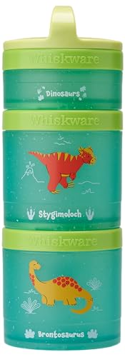 Image of Whiskware Dinosaur Stackable Snack Containers for Kids and Toddlers, 3 Stackable Snack Cups for School and Travel, Green /Blue