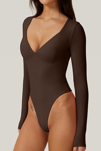 QINSEN Women's Long Sleeve Bodysuit V Neck Body Suits Seamed Cup Going Out Tops Shirt2