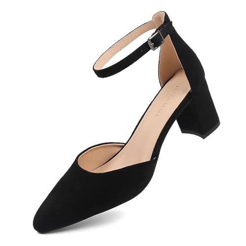 Women's Closed Toe Heels Pointed Low Heeled Chunky Shoes Nude Strap Dress Wedding High Heels