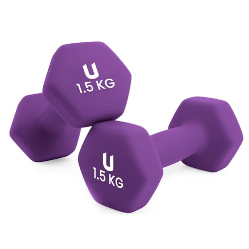 unycos - Neopren Hanteln【2er-Sets, 1,5 kg】Hexagon Kurzhanteln, Rutschfest für Damen und Männer, Anti-Roll-Design, Fitnessstudio, Krafttraining, Pilates, Gymnastik/Fitnessgeräte für Zuhause (Violett)