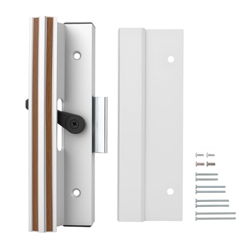 Baomain Surface Mount Sliding Patio Door Handle Set, 4-15/16" Hole Spacing C-to-C, Clamp Style Aluminum Replacement for Sliding Glass Doors, White with Woodgrain Finish