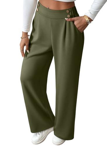 EVALESS Womens Wide Leg Pants High Waisted Business Work Casual Petite Slacks Ladies Loose Stretchy Straight Double Button Pleated Dress Trousers Fall Fashion 2025 Pants with Pockets Green Small