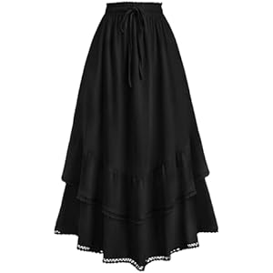 HUSKARY Maxi Skirts for Women Summer Fall High Waist Drawstring Long Skirt Ruffle Layered Medieval Skirts with Pockets Black X-Large