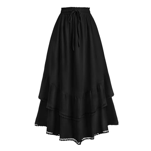 HUSKARY Maxi Skirts for Women Summer Fall High Waist Drawstring Long Skirt Ruffle Layered Medieval Skirts with Pockets Black X-Large