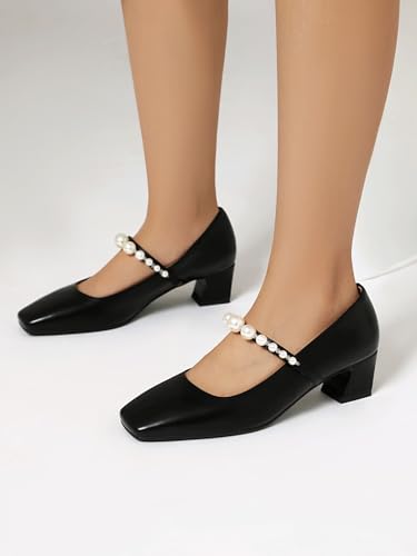 Dress Shoes for Women Comfortable Square Toe Low Block Heels Pearl Pumps2
