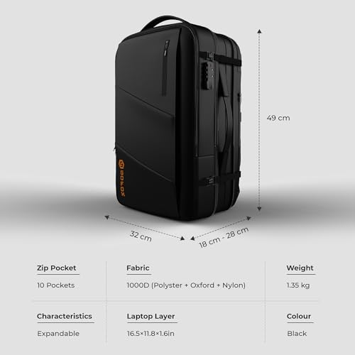 Image of Expandable Travel Backpack 45L, Anti-Theft Number Lock Laptop Bag for Men Women, Waterproof Carry-On Backpack with USB Charging Port, YKK Zippers, Clamshell Opening - Black