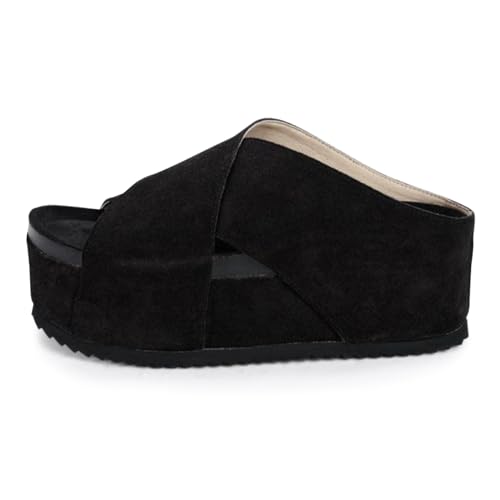 Yishaweiqi Women's Suede Platform Sandals Comfortable Cork Footbed Flatform Sandals Criss Cross Straps Flat Clogs Slide Sandals - Main Image