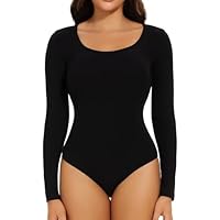 Joyshaper Damen Langarm Body U-Ausschnitt Bodysuit Top Stringbody Basic Unterziehbody Longsleeve Shirt für Frauen Schwarz XL