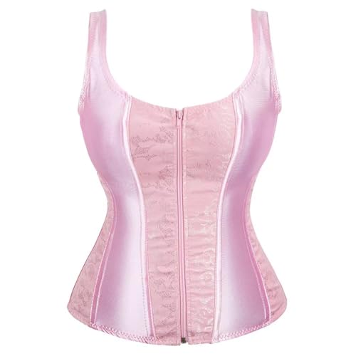 Korsett Corsage Top Damen Corset Mit Träger Elegant Hosenträger Reißverschluss Vintage Rosa XL